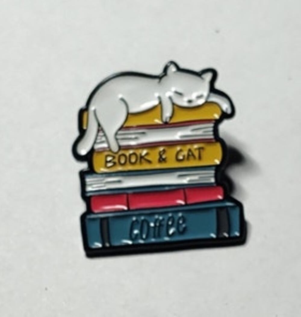 Cute Sleeping Cat On A Book & Coffee Pin Kitty Lapel Hat Brooch